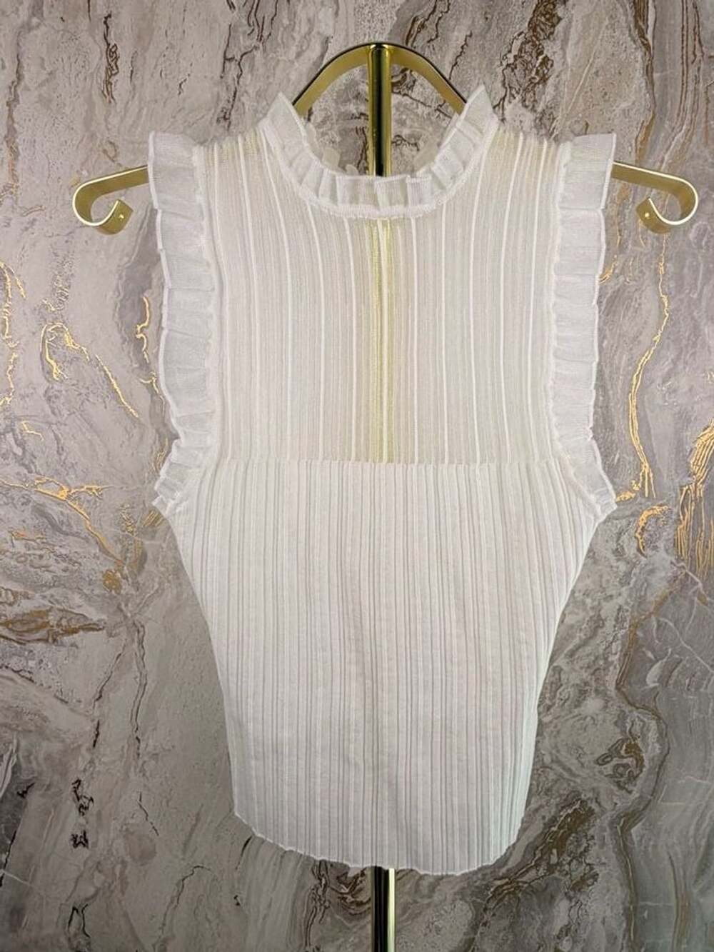 Commense Tank Top Size M White Ribbed Knit Ruffle Mock Neck